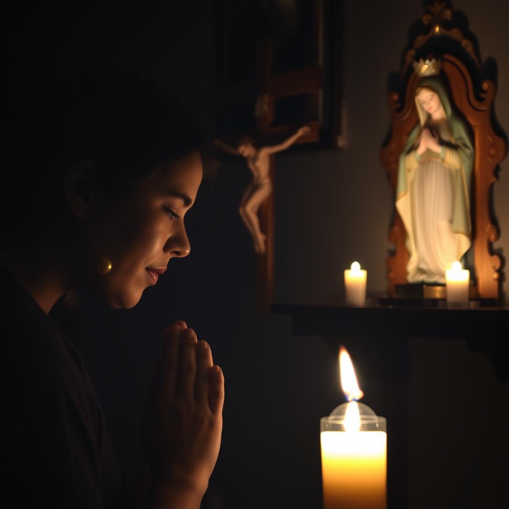 A peaceful, dimly lit room adorned with ornate religious imagery. In the foreground, a devout figure kneels in prayer, rosary beads clasped tightly in their hands. The soft glow of candlelight illuminates their face, casting a serene, contemplative expression. In the middle ground, a wooden crucifix and a statue of the Virgin Mary stand as silent witnesses to the devotional scene. The background is shrouded in shadow, hinting at the spiritual depth and solemnity of the moment. The overall atmosphere is one of reverence, introspection, and a deep connection to the divine.