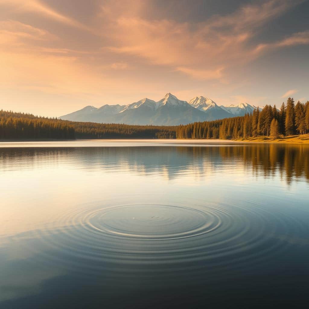 A peaceful, harmonious landscape bathed in warm, soft light. In the foreground, a serene lake reflects the tranquil sky above, its surface like a mirror. Gentle ripples emanate from the center, symbolizing the spreading of peace. Surrounding the lake, a lush, verdant forest stands tall, its branches swaying gently in a light breeze. In the distance, majestic snow-capped mountains rise, their peaks piercing the clouds, a symbol of enduring strength and stability. The overall mood is one of tranquility, unity, and the fulfillment of Isaiah's prophecy of peace.