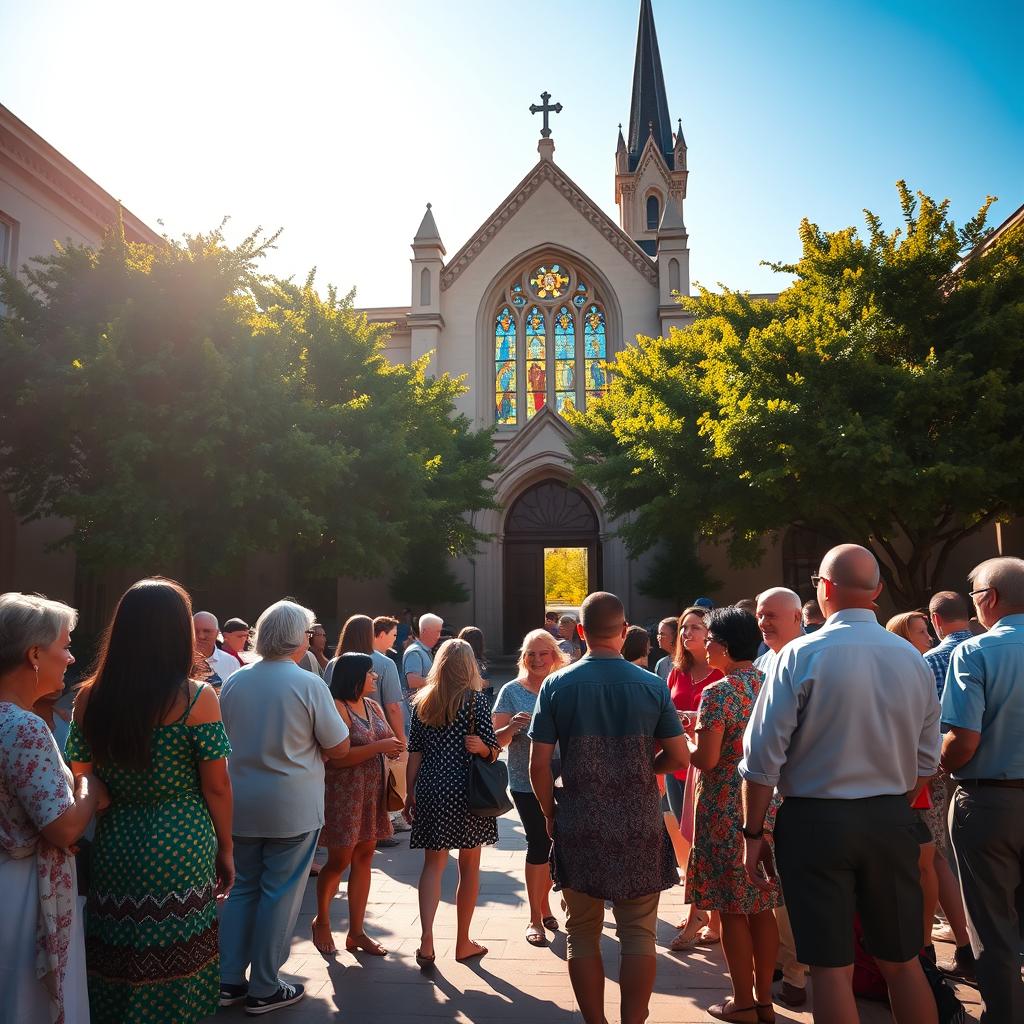 A peaceful parish community gathering in the warm glow of a sun-dappled church courtyard. In the foreground, a group of diverse parishioners - young and old, families and individuals - engaged in friendly conversation. The middle ground features the grand entrance of the church, its ornate architecture and stained glass windows catching the golden light. In the background, lush green trees and a clear blue sky create a serene, inviting atmosphere, evoking a sense of spiritual connection and community. Soft, natural lighting illuminates the scene, capturing the harmonious spirit of the parish as they come together in faith.