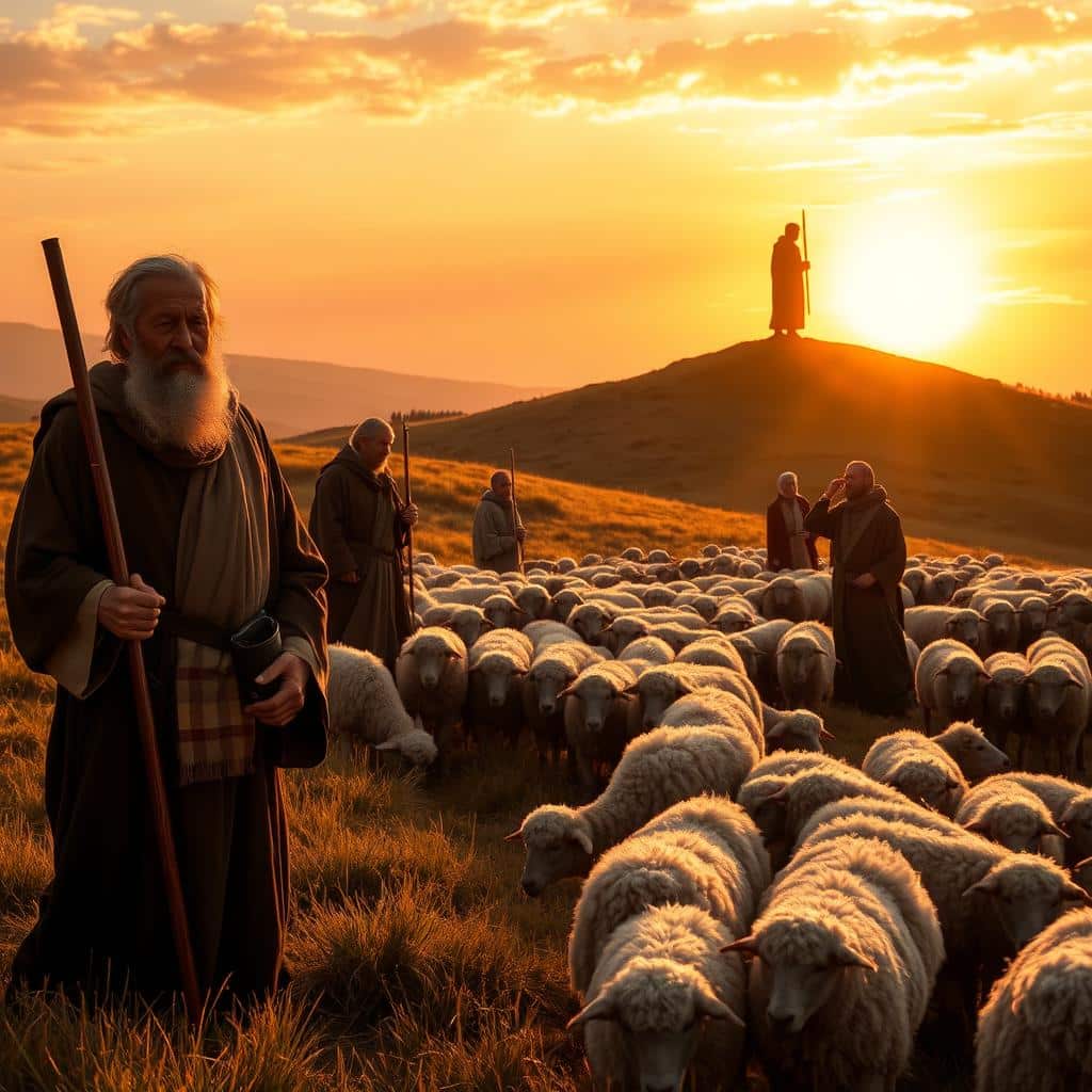 A peaceful pastoral scene with shepherds tending to their flock under a golden sunset. In the foreground, a shepherd stands watch, staff in hand, his weathered face reflecting the solemnity of his duty. Surrounding him, a herd of woolly sheep graze contentedly, their gentle bleats echoing across the rolling hills. In the middle ground, a group of shepherds gather, their robes flowing as they converse, their expressions conveying a reverence for their sacred charge. In the distance, a lone shepherd crests a hilltop, silhouetted against the vibrant, painted sky, evoking the divine guidance that watches over the flock. Soft, warm lighting bathes the scene, creating an atmosphere of tranquility and spiritual contemplation.