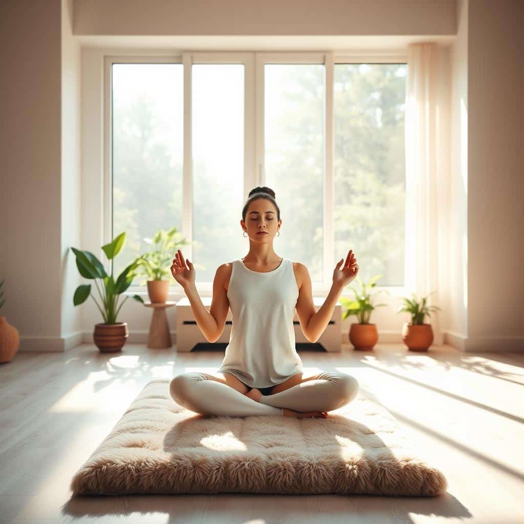 A peaceful, sun-drenched bedroom with floor-to-ceiling windows. A person sits cross-legged on a plush, cushioned meditation mat, palms upturned in a serene mudra. Soft, diffused natural light filters in, casting a warm, golden glow. Potted plants and a simple, uncluttered altar adorn the space, creating a sense of tranquility. The person's eyes are closed, brow relaxed, embodying complete focus and mindfulness. The overall atmosphere is one of calm introspection, inviting the viewer to pause and connect with their own inner peace.