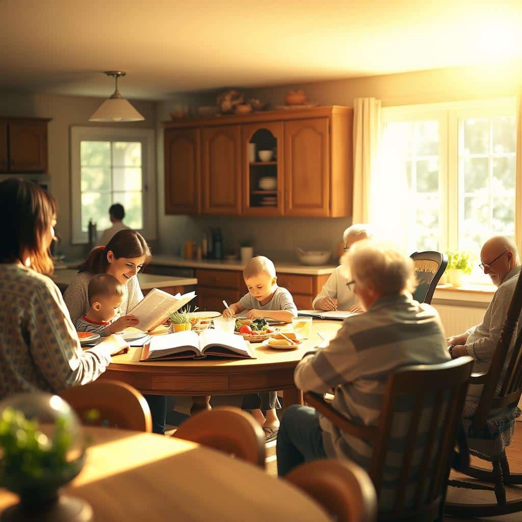 A peaceful, sunlit kitchen scene. In the foreground, a family gathers around a table, sharing a meal and engaging in lively conversation. The middle ground features a mother kneeling beside a young child, reading from a sacred text. In the background, a parent helps an older sibling with homework, while a grandparent sits in a rocking chair, lost in quiet contemplation. Soft, warm lighting filters through the windows, casting a golden glow over the scene. The atmosphere exudes a sense of togetherness, faith, and the practical application of spiritual principles in everyday life.