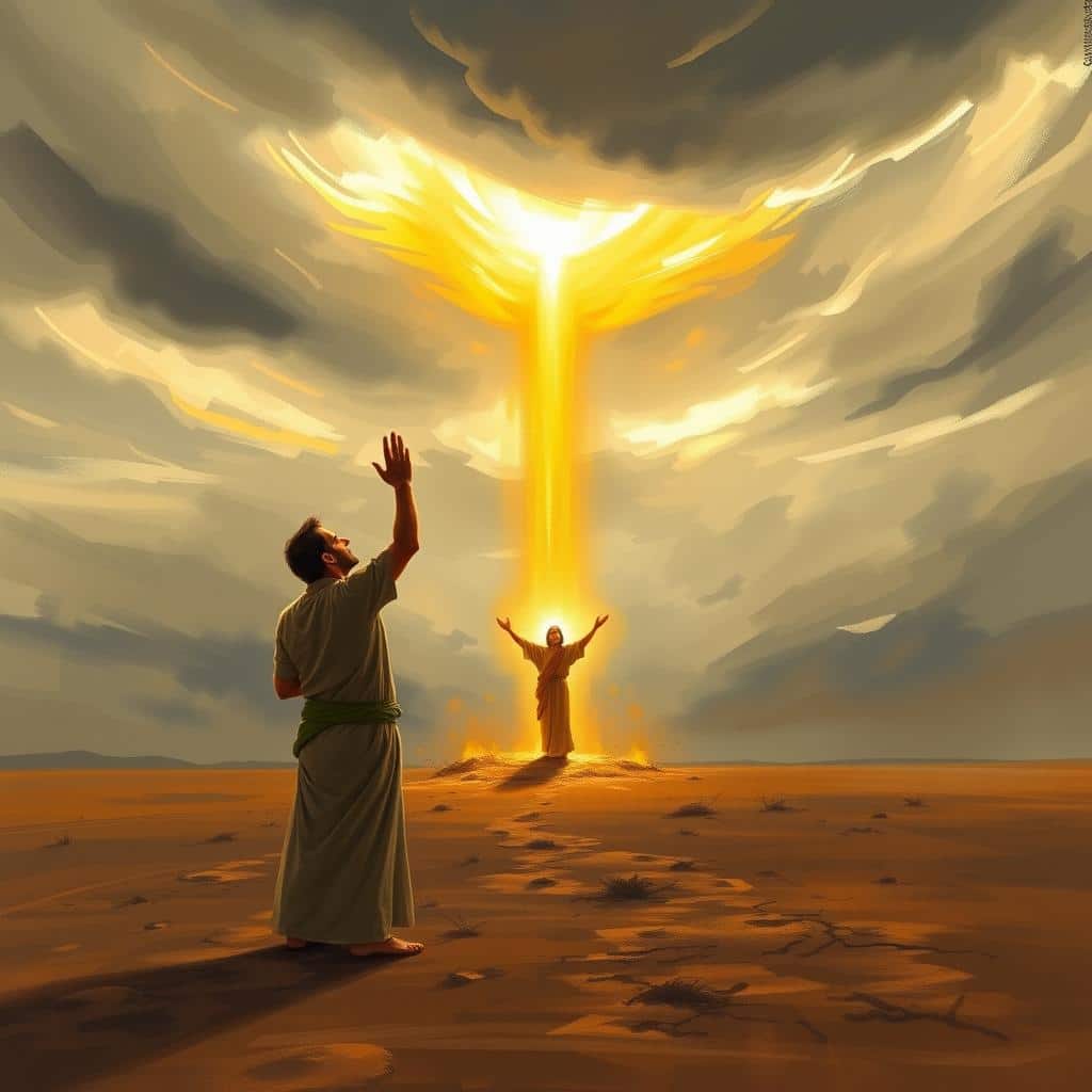 A pensive figure, Habakkuk, stands in a barren landscape, his arms raised in a gesture of lament. The sky above is swirling with clouds, casting a somber light upon the scene. In the foreground, a golden, radiant figure emerges, signifying God's response to the prophet's cry. The figures are rendered in a painterly, impressionistic style, with a depth of field that draws the viewer's eye towards the divine intervention. The overall mood is one of contemplation and reverence, inviting the viewer to reflect on the dialogue between the mortal and the divine.