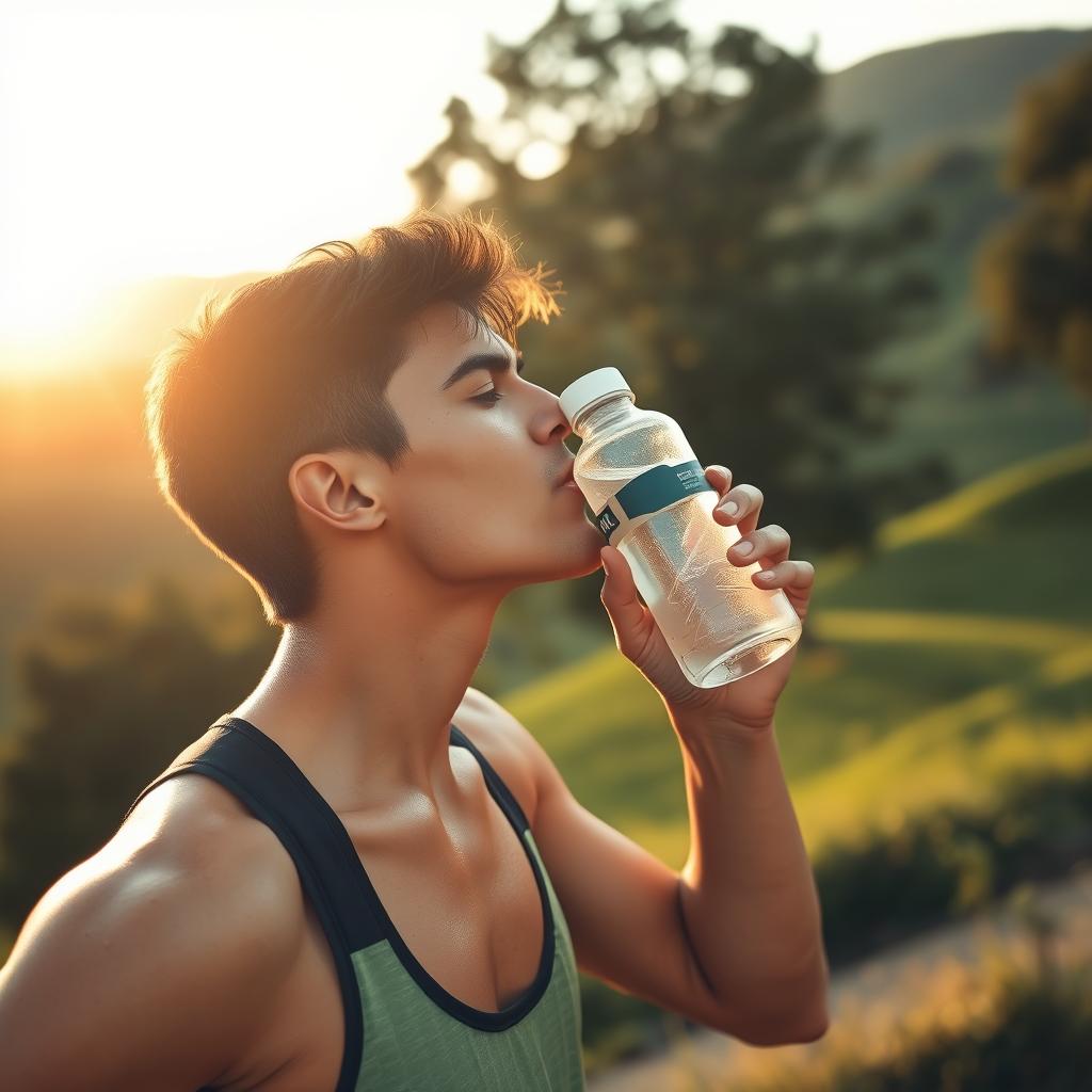 A person drinking from a reusable water bottle while exercising outdoors. The subject is in the foreground, wearing athletic clothing and perspiring, with a focused expression. The middle ground features a lush, verdant landscape with trees and rolling hills. Warm, golden sunlight filters through the scene, creating a serene, peaceful atmosphere. The composition is balanced, with the person positioned slightly off-center to create visual interest. The overall mood is one of health, wellness, and the rejuvenating power of nature during physical activity.