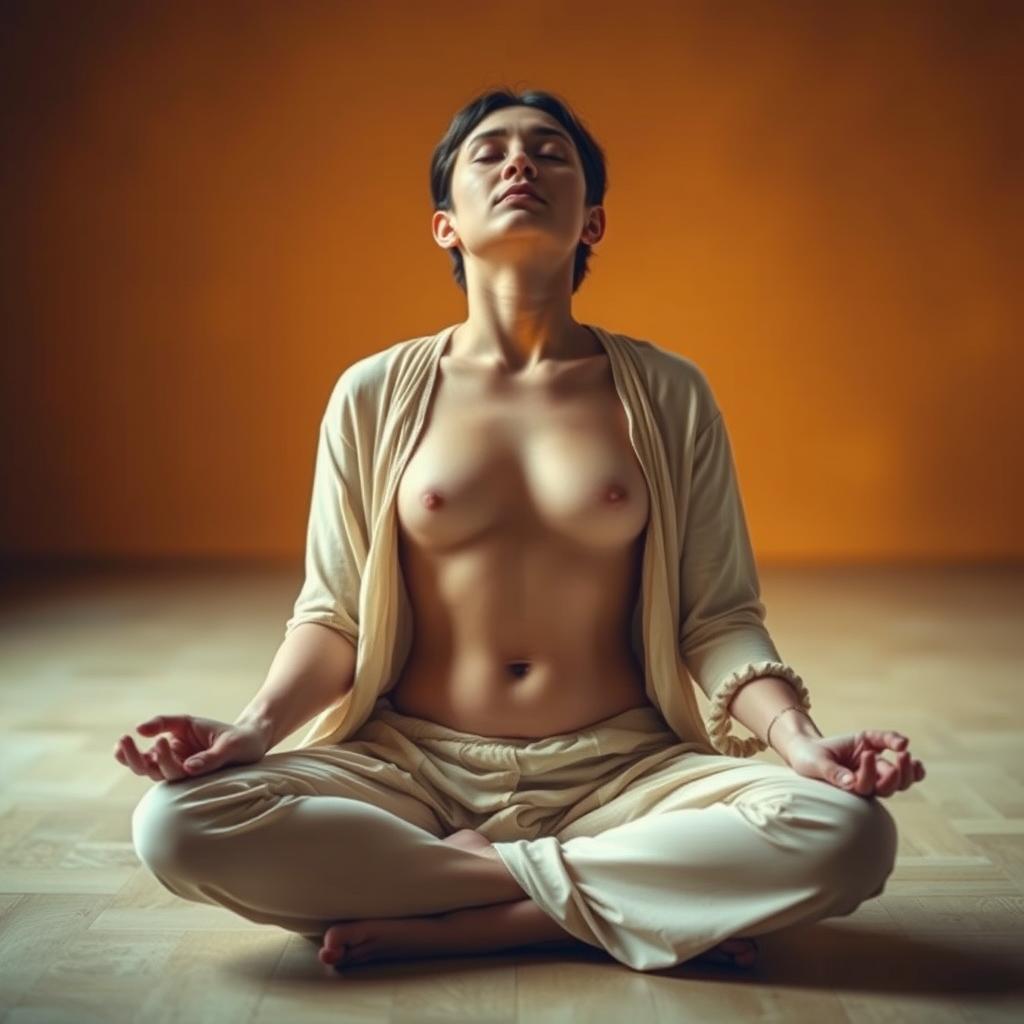 A person sitting cross-legged on the floor, focusing intently on their breathing. Their abdomen expands and contracts with each deep, diaphragmatic breath, visible through their loose, flowing clothing. Warm, diffused lighting illuminates the scene, creating a serene and contemplative atmosphere. The background is blurred, placing the emphasis on the subject's mindful breathing practice. The composition is balanced and centered, conveying a sense of grounded, introspective meditation.