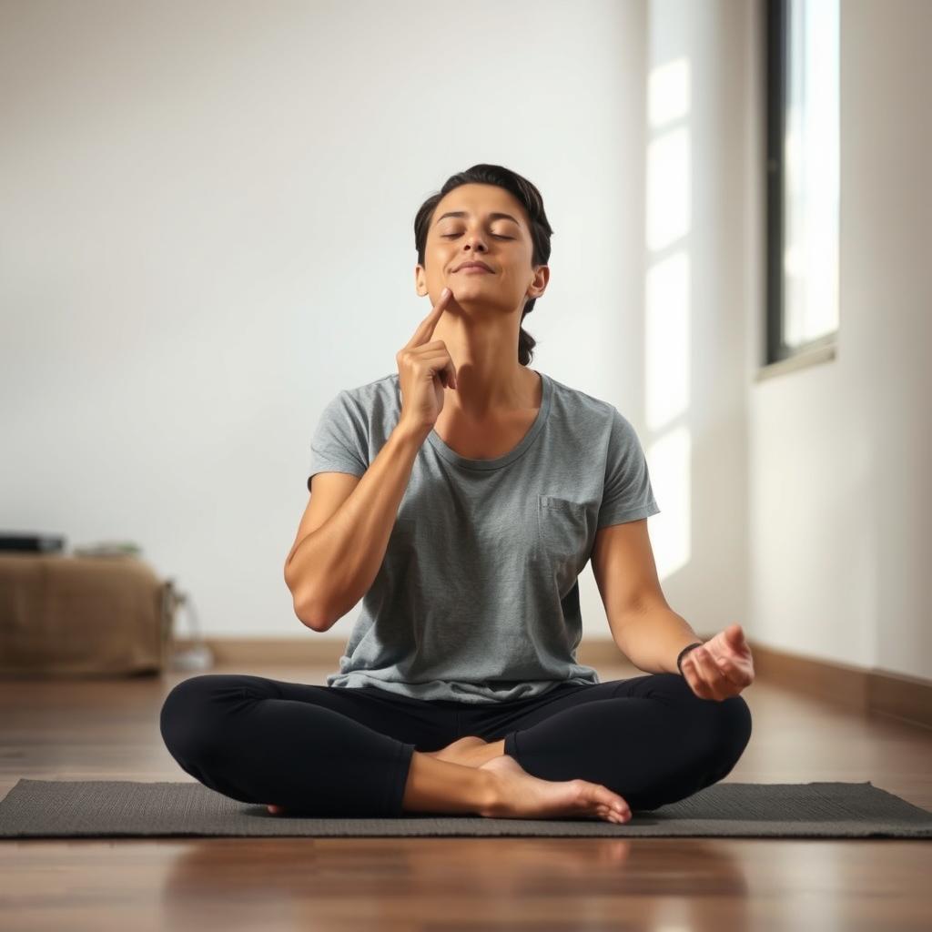 A person sitting cross-legged on the floor, performing the alternate nostril breathing technique. Their eyes are closed in a meditative expression, as they gently pinch their nose with the right hand, alternating between left and right nostrils. The background is a serene, minimalist setting, with soft natural lighting filtering in from a nearby window. The atmosphere is calming and introspective, inviting the viewer to join in the practice of this ancient yogic breathing exercise.