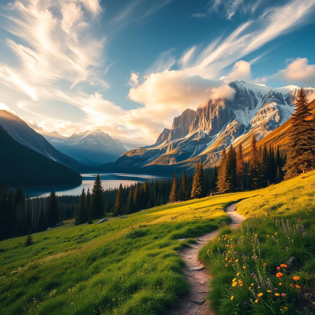 A picturesque landscape of towering mountains, serene lakes, and lush forests, illuminated by warm, golden sunlight filtering through wispy clouds. In the foreground, a winding trail leads the viewer through a verdant meadow dotted with vibrant wildflowers. The middle ground features a crystalline lake, its calm waters reflecting the majestic peaks that rise in the background, capped with pristine snow. The scene conveys a sense of tranquility and awe-inspiring natural beauty, inviting the viewer to explore these breathtaking destinations.