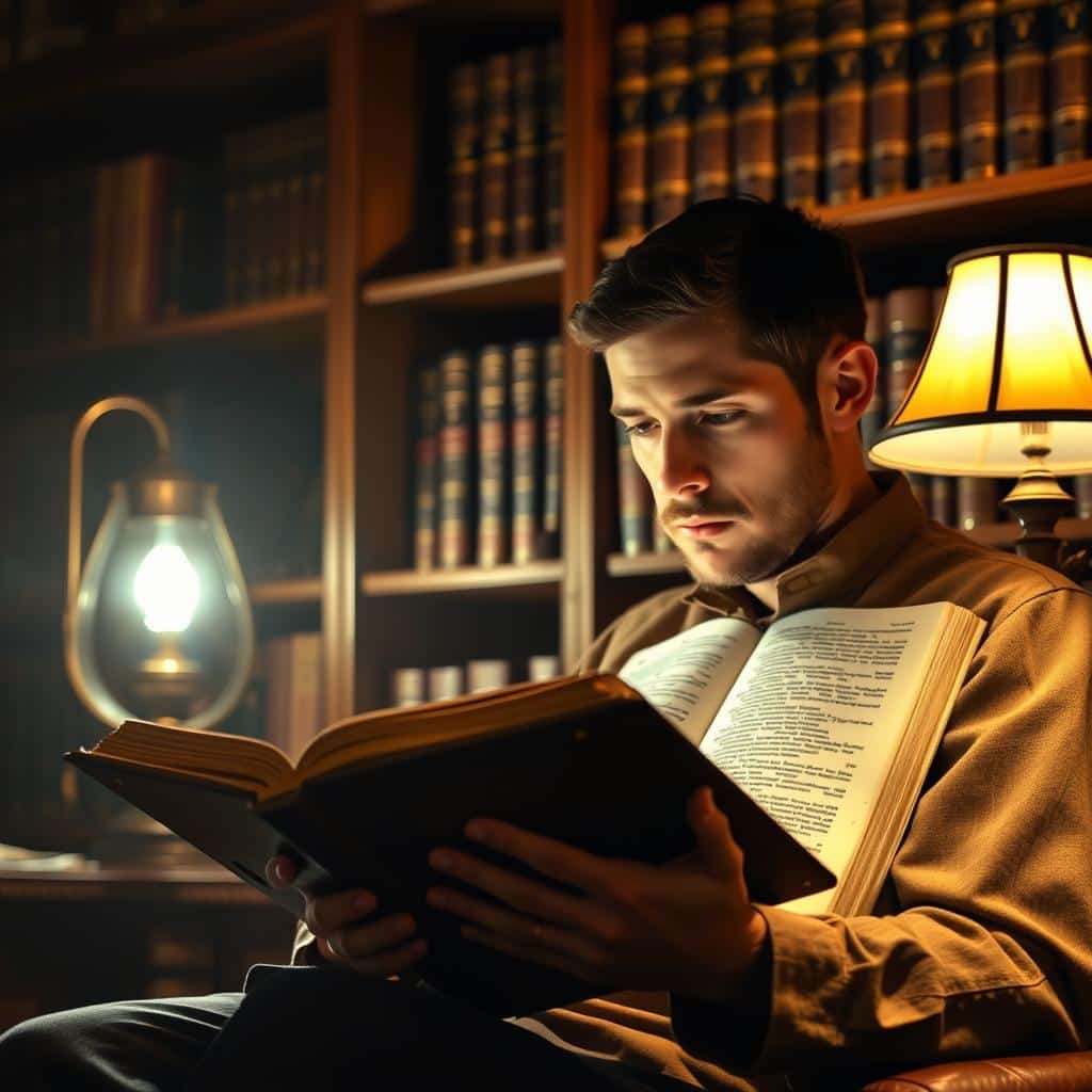 A pious individual sits in a dimly lit study, intently reading an ancient, leather-bound Bible. Soft, warm lighting from a nearby lamp casts a cozy glow, creating an atmosphere of contemplation and reverence. The reader's face is illuminated, their eyes focused on the pages, absorbing the sacred words. In the background, a wooden bookshelf laden with tomes of theological works suggests a setting of scholarly pursuit and spiritual enlightenment. The scene evokes a sense of timelessness, inviting the viewer to pause and reflect on the importance of engaging with the Scriptures.
