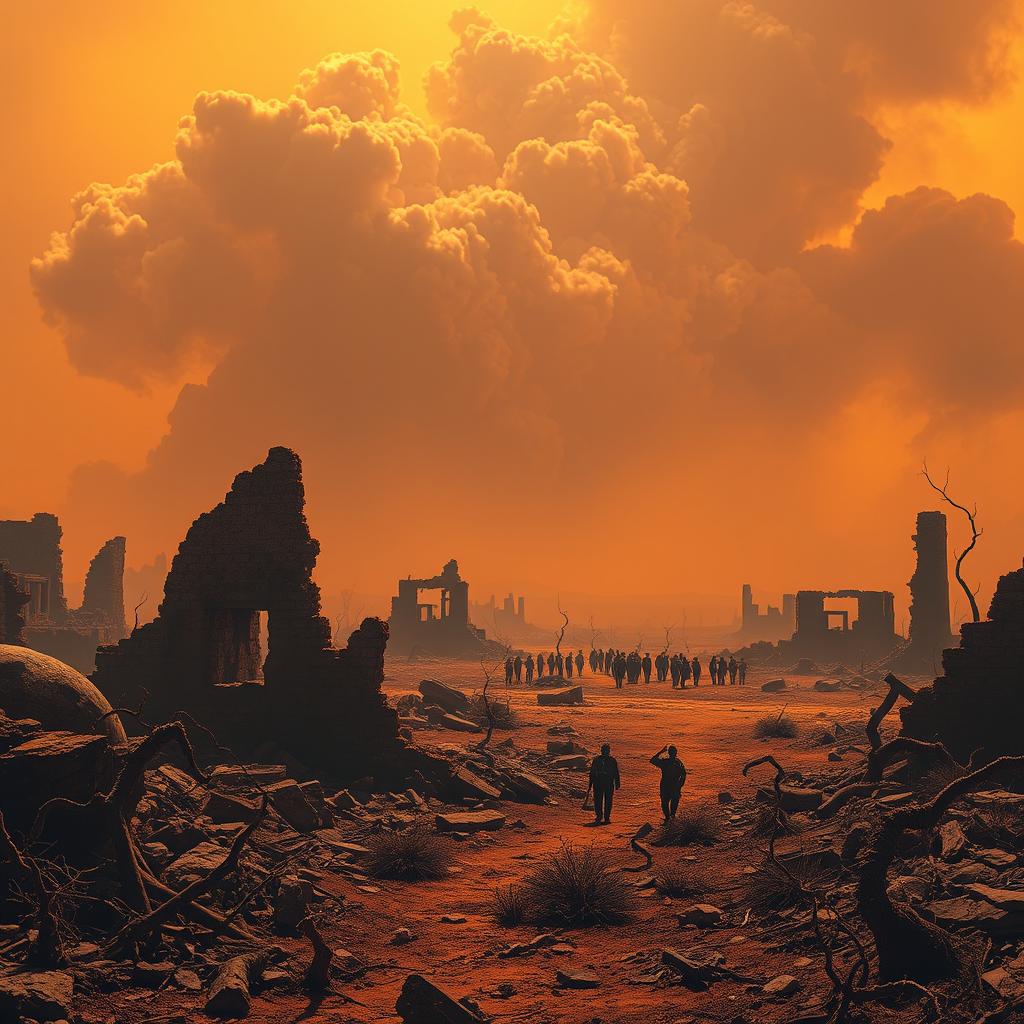 A post-apocalyptic landscape bathed in an eerie orange glow, the sky choked with billowing plumes of ash. In the foreground, crumbling ruins of once-grand structures lie in disarray, their jagged silhouettes casting long shadows across the devastated terrain. Twisted, skeletal remains of vegetation claw at the parched earth, a stark reminder of the devastation. In the middle ground, small groups of desperate survivors navigate the treacherous rubble, their faces etched with fear and hopelessness. The background fades into a hazy, foreboding horizon, hinting at the scale of the catastrophic events that have unfolded. An atmosphere of desolation, despair, and the looming sense of impending doom pervades the scene.