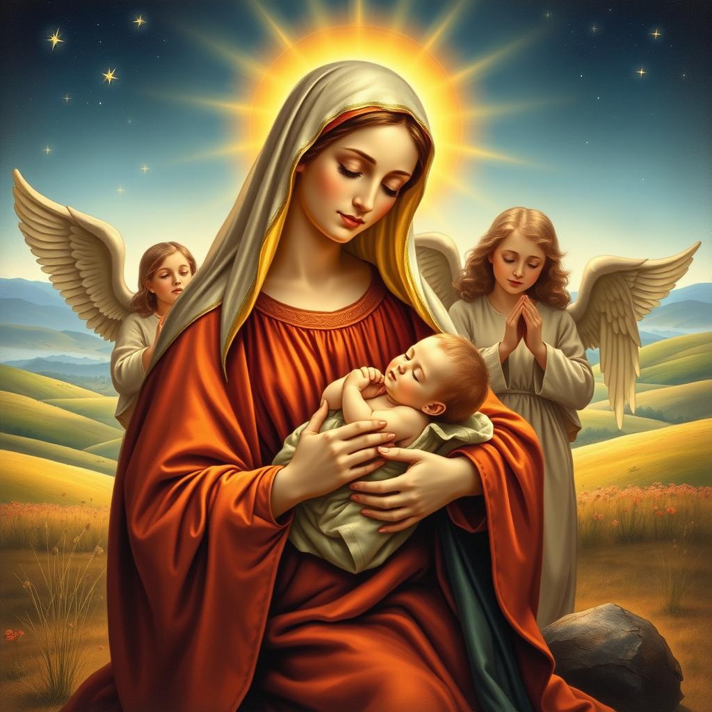 A radiant, Renaissance-inspired scene depicting the Blessed Virgin Mary cradling the infant Jesus, with a warm, soft lighting illuminating their faces. In the middle ground, an angelic choir sings praises, their celestial harmonies filling the air. The background features a peaceful, pastoral landscape with rolling hills and a clear, starry sky, conveying a sense of tranquility and divine providence. The composition should evoke a reverent, contemplative mood, highlighting Mary's pivotal role in the Nativity and the miracle of Christ's birth.