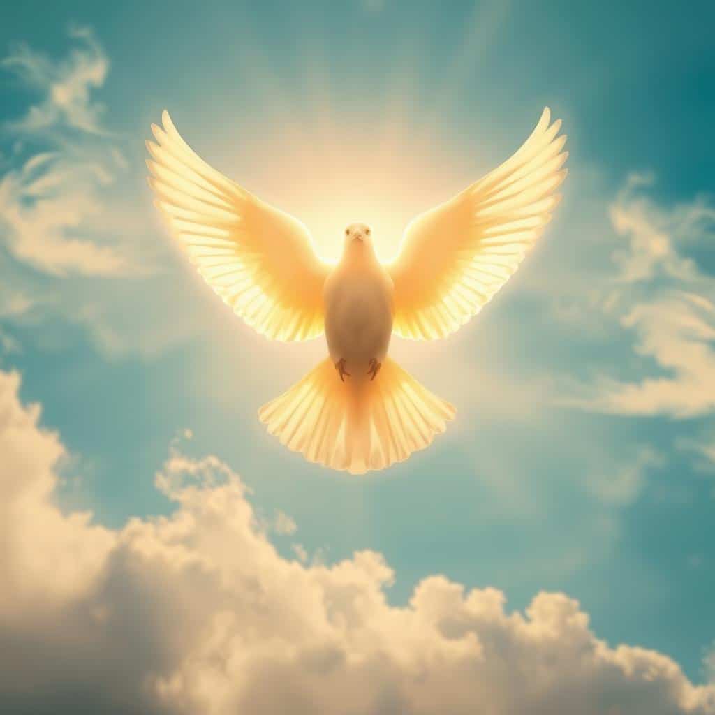 A radiant and ethereal depiction of the Holy Spirit, portrayed as a luminous dove against a serene, heavenly backdrop. The dove's wings are outstretched, emanating an aura of divine grace and the gentle yet powerful presence of the Spirit. The foreground features soft, diffused lighting, creating an atmosphere of reverence and contemplation. The middle ground showcases wispy, cloud-like formations, hinting at the spiritual realm beyond the physical world. In the background, a vibrant, azure sky with delicate, feathered clouds conveys a sense of boundless expanse and the transcendent nature of the Holy Spirit. This image aims to inspire courage and bear witness to the transformative power of the Christian faith.