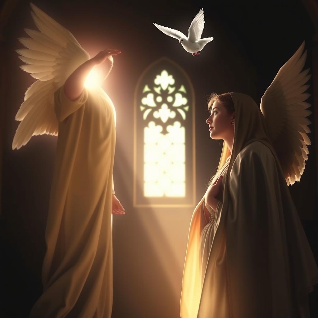 A radiant, angelic figure appearing before a young, serene woman in a dimly lit, intimate interior. The Virgin Mary, draped in flowing robes, receives the divine message of the Incarnation from the luminous, winged Gabriel. Soft, natural light filters through a single, ornate window, casting a warm, reverent glow on the scene. The Virgin's expression is one of humble acceptance, as the Holy Spirit descends like a dove. The background fades into a hazy, indistinct realm, drawing the viewer's focus to the profound, sacred encounter unfolding before them.