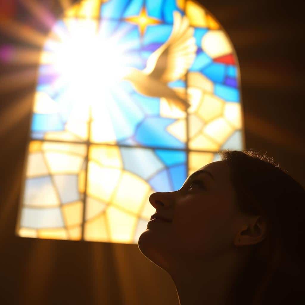 A radiant, stained-glass window bathed in warm, golden light, depicting a dove in flight against a vibrant, azure sky. The dove's outstretched wings symbolize the hope and joy of the Advent season, as a gentle beam of light illuminates its path. In the foreground, a serene, contemplative figure gazes upwards, their face softly lit, filled with a sense of anticipation and wonder. The composition is balanced, with a sense of depth and tranquility, inviting the viewer to pause and reflect on the nearness of the divine kingdom.