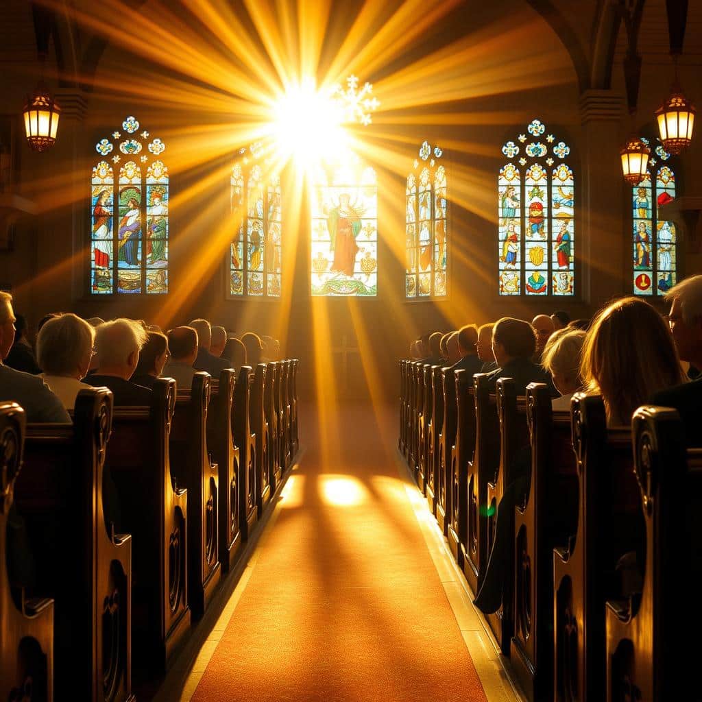 A radiant, warm light shines from the altar, illuminating the sacred space of the Vigil Mass. Soft, golden rays spill across the intricately carved wooden pews, casting a cozy, reverent glow throughout the church. Flickering candlelight dances on the stained-glass windows, casting a kaleidoscope of colors that dance across the faces of the faithful. The light seems to emanate from within, a divine presence guiding the congregation as they partake in the solemn celebration. A sense of peace and wonder permeates the air, as the light symbolizes the arrival of the newborn Savior, bringing hope and joy to all.