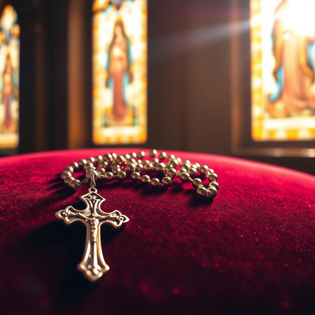 A rosary, its gleaming beads and cross, rests gently on a plush, burgundy velvet surface. The lighting is soft and warm, casting a golden glow that evokes the reverence and solemnity of Catholic devotion. In the background, a stained-glass window filters sunlight, creating a serene, spiritual ambiance. The scene captures the essence of the rosary's significance in American Catholic culture - a cherished symbol of faith, meditation, and the deep connection between the faithful and the Blessed Virgin Mary.