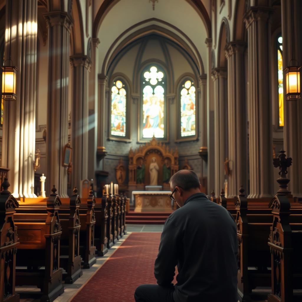 A serene Catholic church interior with muted sunlight filtering through stained glass windows, illuminating a central altar and sacred artifacts. In the foreground, a devout worshipper kneels in prayer, their face expressing deep contemplation and spiritual connection. The middle ground features religious statues, ornate wooden pews, and a sense of timeless reverence. The background showcases the architectural grandeur of the space, with towering columns and vaulted ceilings creating a sense of transcendent, divine presence. The overall atmosphere evokes a profound journey of Catholic spiritual growth, inviting the viewer to experience the transformative power of faith.