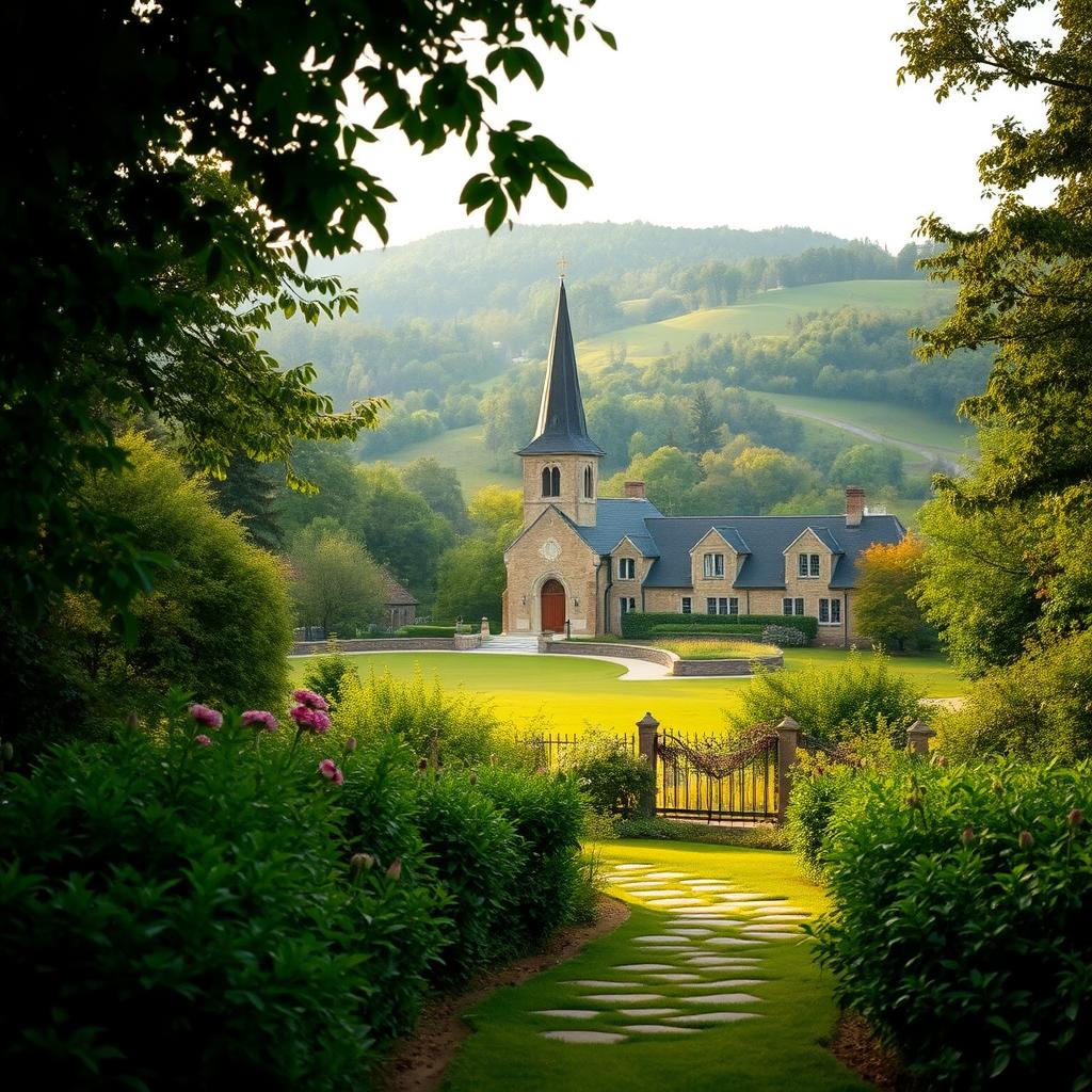 A serene Catholic retreat nestled in a lush, verdant landscape. In the foreground, a tranquil garden path winds through vibrant foliage, inviting contemplation. In the middle ground, a picturesque chapel with a tall steeple stands, its warm, golden light radiating outwards. Surrounding the chapel, elegant stone buildings blend seamlessly with the natural environment, exuding a timeless, spiritual ambiance. In the distance, rolling hills dotted with trees create a peaceful, pastoral backdrop, evoking a sense of isolation and solitude. The scene is illuminated by soft, diffused natural lighting, casting gentle shadows and creating an atmosphere of reverence and introspection.