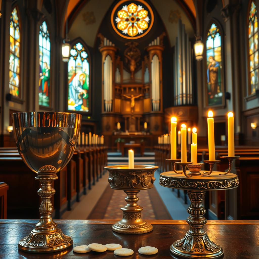 A serene Catholic sanctuary illuminated by warm, golden light. In the foreground, a gleaming chalice, communion wafers, and a baptismal font adorned with intricate carvings. In the middle, an ornate altar with a crucifix and votive candles, surrounded by stained glass windows depicting biblical scenes. In the background, rows of wooden pews and a majestic organ pipe. A sense of reverence and spiritual nourishment permeates the scene.