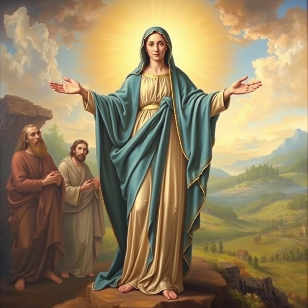 A serene, Renaissance-style oil painting depicting the Blessed Virgin Mary's pivotal role in salvation history. In the foreground, a radiant Mary stands tall, arms outstretched, exuding grace and compassion. Her flowing blue robes cascade around her, symbolizing her divinely chosen status. Behind her, a warm, heavenly light bathes the scene, casting a soft, reverent glow. In the middle ground, key figures from the Bible surround Mary, representing the prophecies and events that led to her becoming the Mother of God. In the background, a lush, dreamlike landscape sets the stage, hinting at the cosmic significance of Mary's role in the divine plan of redemption.