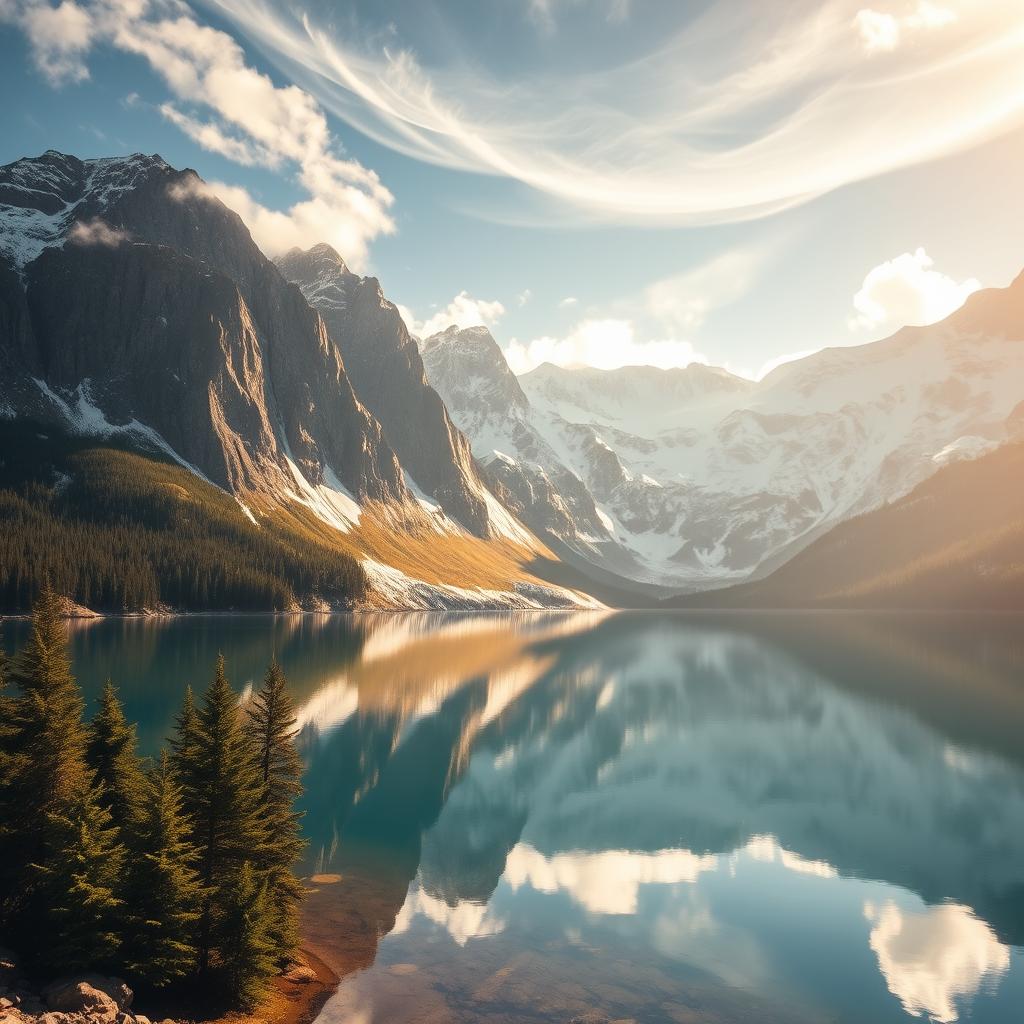 A serene alpine lake nestled amidst majestic snow-capped peaks, with crystal-clear waters reflecting the dramatic mountainous landscape. The foreground features a tranquil shoreline dotted with lush evergreen trees, their silhouettes mirrored perfectly in the still surface. Warm golden light filters through wispy clouds, casting a soft, ethereal glow over the scene. In the middle ground, towering cliffs plunge into the depths of the lake, their rugged textures contrasting with the smooth, mirror-like expanse of water. The background is dominated by a panoramic vista of rugged, glacier-carved mountains, their serrated ridges reaching towards the boundless sky. An atmosphere of peaceful solitude and awe-inspiring natural beauty pervades the entire composition.