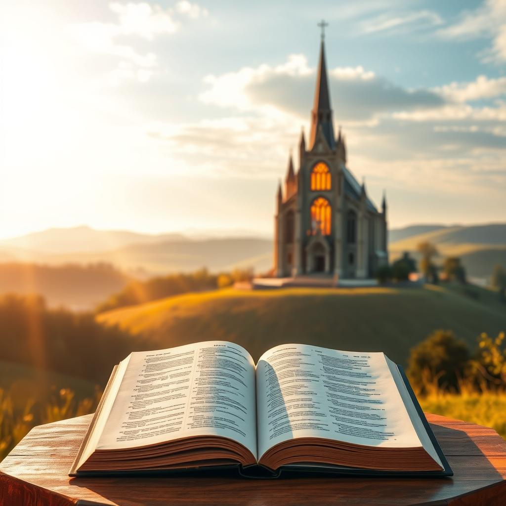 A serene and contemplative landscape, bathed in warm, golden light. In the foreground, an open book rests upon a wooden podium, its pages rustling softly in a gentle breeze. Surrounding the book, a halo of light seems to emanate, casting a soft, reverent glow. In the middle ground, a majestic cathedral stands tall, its stained-glass windows reflecting the sunlight in a symphony of colors. In the background, rolling hills and a tranquil sky, painted in shades of blue and white, create a sense of peaceful harmony. The overall atmosphere is one of reverence and devotion, inviting the viewer to engage with the Responsorial Psalm.