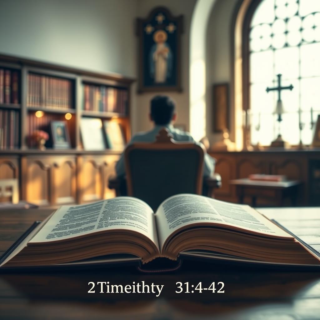 A serene and contemplative scene of 2 Timothy 3:14-4:2 scripture. In the foreground, an open Bible rests on a wooden table, its pages illuminated by a soft, natural light filtering through a window. The middle ground features a contemplative figure, sitting in a chair, deep in study and reflection on the sacred text. The background depicts a warm, inviting interior, with bookshelves and religious iconography, creating a sense of scholarship and devotion. The overall mood is one of reverence, tranquility, and the timeless wisdom of the scriptures.