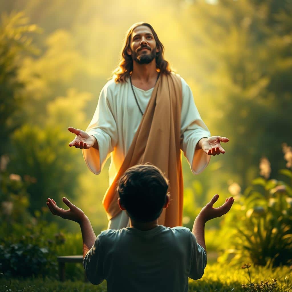 A serene and contemplative scene of Jesus Christ, standing in a sunlit garden, his eyes gazing upwards with a gentle, inviting expression. The foreground features a kneeling figure, their hands outstretched in a gesture of supplication, seeking guidance and wisdom from the Savior. The background is a lush, verdant landscape, with soft, diffused lighting casting a warm, ethereal glow over the entire composition. The atmosphere conveys a sense of reverence, introspection, and the possibility of divine revelation, echoing the Gospel's call to "Ask Jesus, See the Signs, Share the Good News."