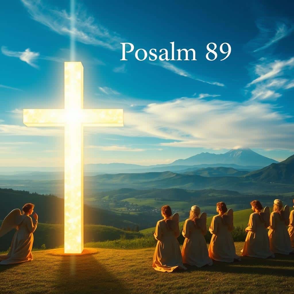 A serene and contemplative scene of Psalm 89, a celebration of God's eternal covenant and faithful love. In the foreground, a glowing, translucent cross dominates the composition, its radiance emanating from within. Surrounding the cross, angelic figures in flowing robes kneel in reverence, their faces cast in a warm, golden light. In the middle ground, a lush, verdant landscape unfolds, with rolling hills and a distant, majestic mountain range. The sky above is a deep, azure blue, dotted with wispy, ethereal clouds. The overall mood is one of reverence, solemnity, and a profound sense of the divine presence. Soft, diffused lighting creates a serene, contemplative atmosphere, inviting the viewer to meditate on the eternal covenant and faithful love celebrated in Psalm 89.