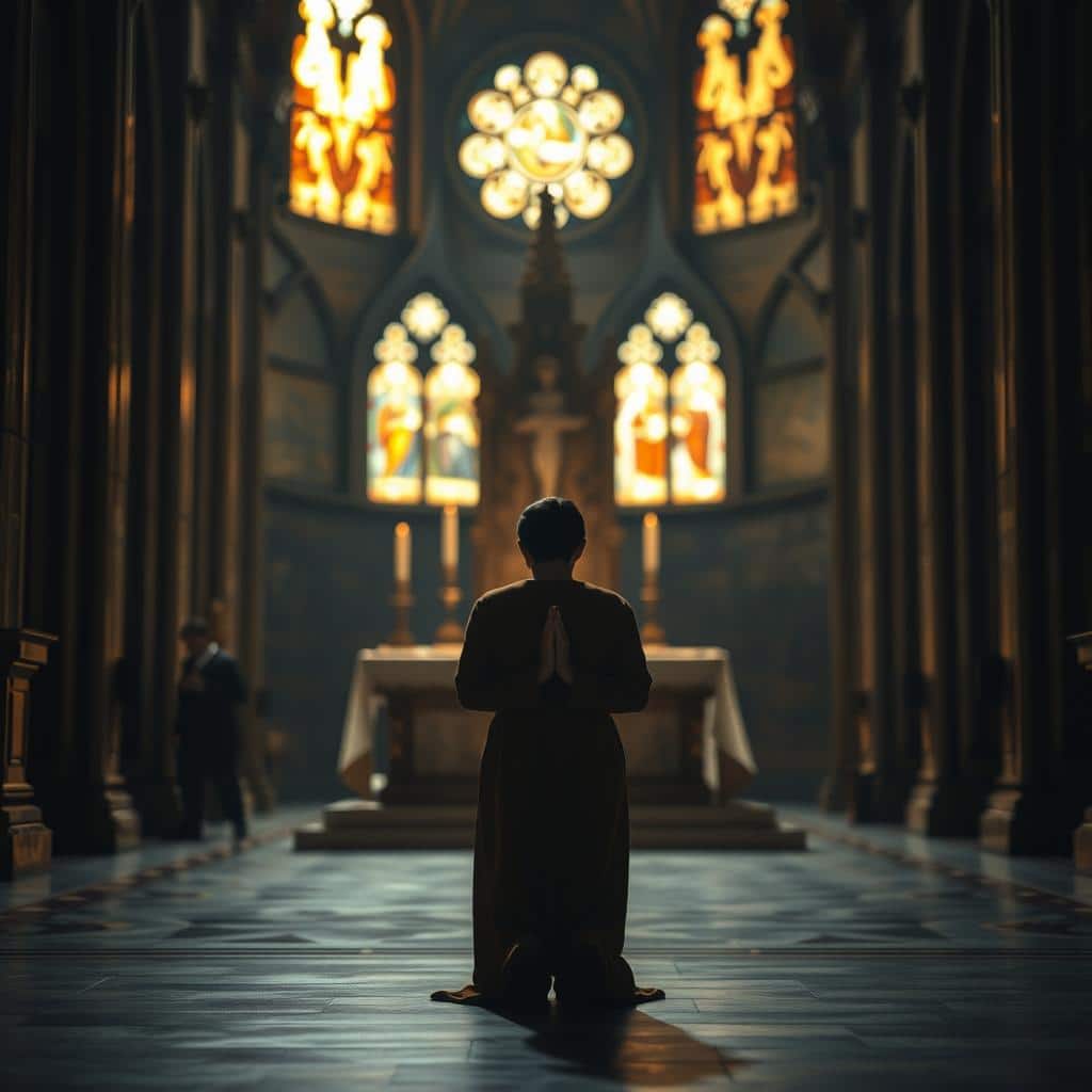 A serene and contemplative scene of a person in prayer, kneeling before a dimly lit altar in a cathedral-like setting. The foreground features the figure in a long, flowing robe, their hands clasped in a gesture of devotion, head bowed in reverence. The middle ground showcases the ornate architecture of the sacred space, with stained glass windows casting warm, golden light upon the scene. The background is softly blurred, hinting at the solemnity and quiet grandeur of the space. The overall mood is one of profound stillness, introspection, and a deep connection to the divine.