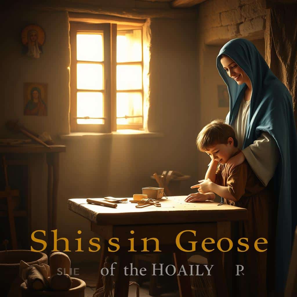 A serene and intimate scene of the Holy Family at Nazareth, bathed in soft, golden light filtering through the windows of their humble home. In the foreground, the young Jesus sits at a workbench, intently focused on a carpentry project, his hands guided by the gentle teachings of Saint Joseph. The Blessed Virgin Mary stands nearby, a loving smile upon her face as she observes the scene, her blue mantle cascading gracefully. The background reveals the simple, rustic interior, evoking a sense of the hidden years spent in wisdom and virtue. Subtle details, such as tools, religious icons, and the warmth of the domestic setting, reinforce the theme of the "School of the Gospel" where Jesus, Mary, and Joseph lived in deep communion with each other and with God.