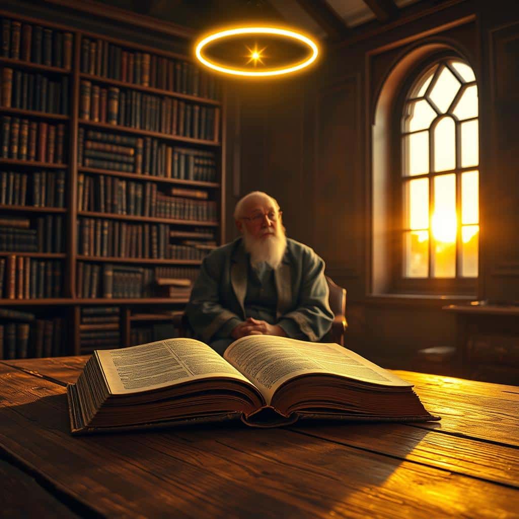 A serene and majestic landscape, bathed in soft, warm light. In the foreground, an ancient tome with gilded edges rests upon a weathered wooden table, its pages gently fluttering. Hovering above the book, a halo of heavenly light radiates, casting a divine glow upon the scene. In the middle ground, a wise, elderly scholar sits in contemplation, his weathered face etched with the wisdom of years. Behind him, towering shelves of leather-bound volumes line the walls of a cozy, book-lined study. Through the window, the setting sun casts a golden glow, imbuing the entire scene with a sense of timeless, sacred tranquility.