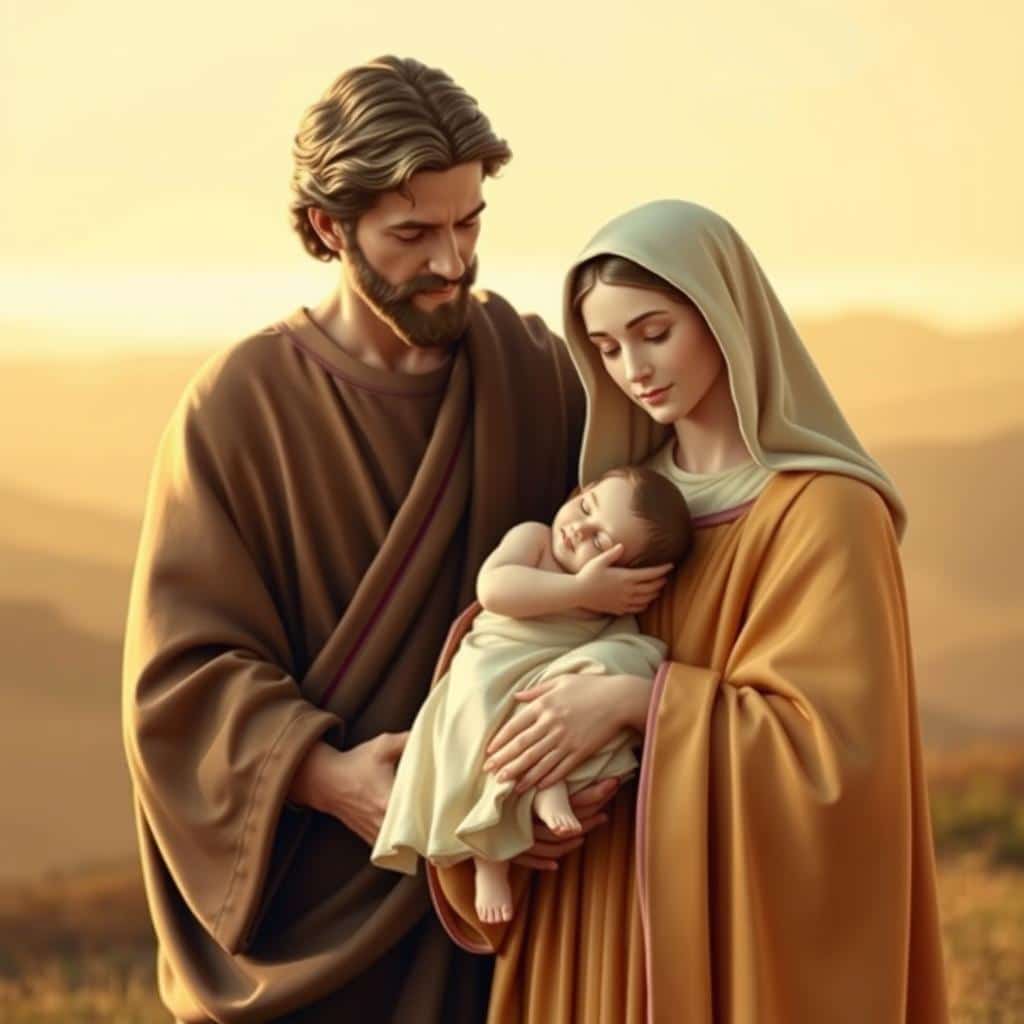 A serene and reverent depiction of the Holy Family - Jesus, Mary, and Joseph - set against a warm, golden-hued backdrop. Mary, with a gentle, pious expression, holds the infant Jesus tenderly in her arms, while Joseph stands beside them, a nurturing and protective presence. Soft, diffused lighting bathes the scene, creating an atmosphere of tranquility and divine grace. The figures are rendered with exquisite attention to detail, their robes and expressions conveying a sense of timeless, sacred beauty. In the distance, a hazy, ethereal landscape suggests the heavenly realm, further emphasizing the spiritual essence of this holy moment.