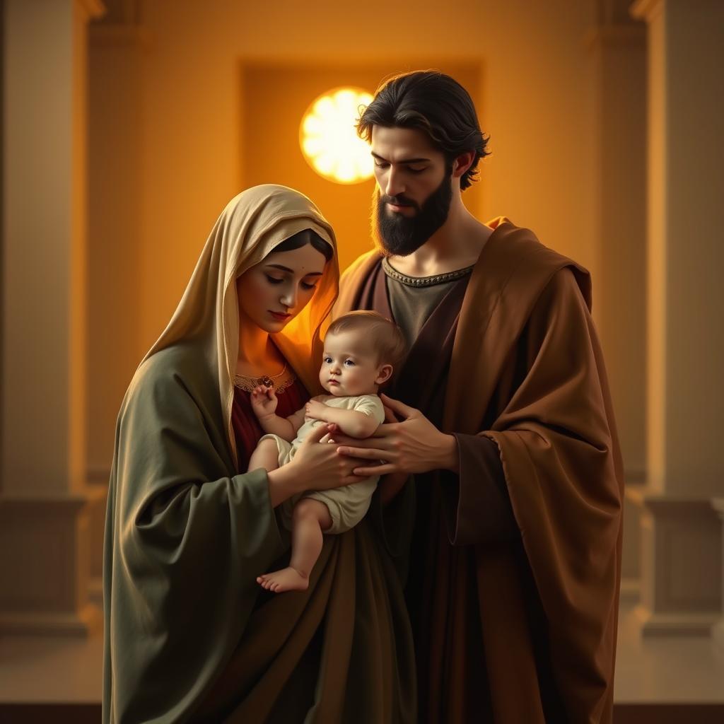 A serene and reverent scene of the Holy Family - the Virgin Mary, Joseph, and the infant Jesus Christ. In the foreground, Mary tenderly holds the Christ child, her face filled with a mother's love. Joseph stands protectively by her side, his expression reflecting a quiet dignity and devotion. The middle ground is bathed in a warm, golden light, casting a heavenly glow. In the background, a simple yet elegant architectural setting, hinting at the sanctity of the moment. The overall atmosphere is one of peace, intimacy, and the divine grace that surrounds this sacred trio. A timeless depiction of the Holy Family, captured with reverence and artistry.