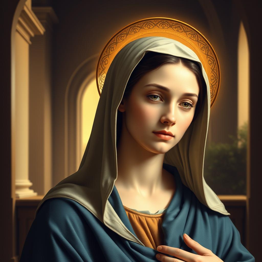 A serene and reverential portrait of the Blessed Virgin Mary, rendered in a classical Renaissance style. Mary is depicted in the foreground, her expression one of profound grace and piety. She is adorned in a flowing blue robe, her head crowned with a delicate halo. Warm, diffused lighting casts a soft, heavenly glow upon her features. The background is a tranquil, contemplative scene, perhaps a church interior or a garden setting, conveying a sense of sacred, timeless devotion. The overall composition and attention to detail evoke the sacred art of the Old Masters, capturing the Blessed Virgin's pivotal role in the biblical narrative.