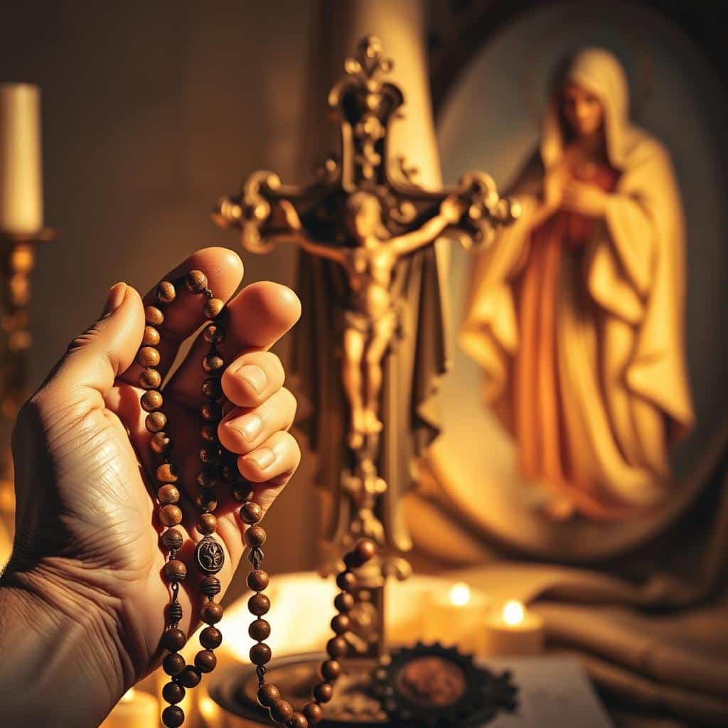 A serene and sacred tableau of the Rosary Prayer. In the foreground, a pair of weathered hands hold a string of rosary beads, the fingers caressing each bead with reverence. The middle ground reveals an ornate, antique crucifix, its form illuminated by soft, diffused lighting. In the background, an ethereal depiction of the Virgin Mary, her expression serene and maternal, her robes flowing gracefully. The overall scene is imbued with a sense of timelessness, a reverent atmosphere of contemplation and devotion. Warm, golden tones permeate the composition, creating a contemplative, meditative mood. The lighting is soft and natural, casting gentle shadows that add depth and dimension to the image.
