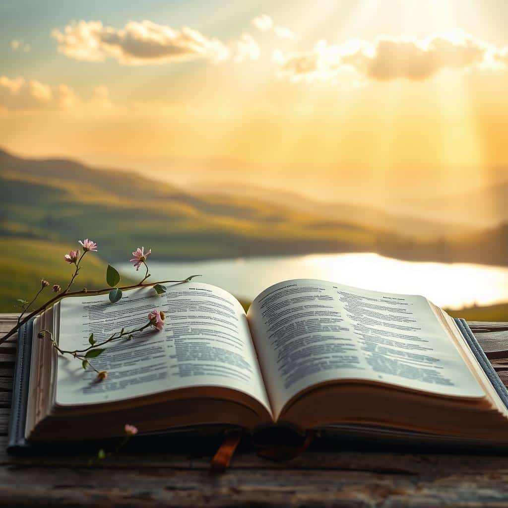 A serene and tranquil composition depicting a peaceful scripture. In the foreground, a weathered leather-bound Bible lies open, its pages illuminated by a soft, heavenly light. Delicate vines and flowers entwine around the book, symbolizing the nourishment and growth it provides. In the middle ground, a peaceful landscape unfolds, with rolling hills, a shimmering lake, and wispy clouds drifting across a warm, golden sky. Rays of light filter through the scene, creating a sense of warmth and divine presence. The atmosphere is one of contemplation, comfort, and the reassuring embrace of faith.