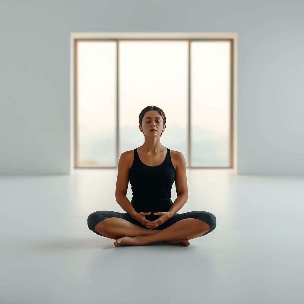 A serene and tranquil scene, showcasing the box breathing technique. In the foreground, a person sits cross-legged, hands resting gently on their thighs, eyes closed, embodying a sense of calm and focus. The middle ground features a minimalist, Zen-inspired environment, with clean lines and muted tones - perhaps a simple room with a large window overlooking a serene landscape. Soft, diffused lighting illuminates the scene, creating a soothing, meditative atmosphere. The background gradually fades into a hazy, dreamlike horizon, suggesting a sense of spaciousness and inner peace. The overall composition evokes a feeling of balance, harmony, and the therapeutic power of conscious breathing.