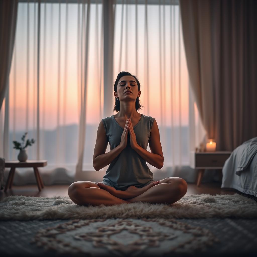 A serene bedroom at dusk, with soft, warm lighting filtering through sheer curtains. In the foreground, a person sits cross-legged on a plush rug, eyes gently closed, hands resting palms-up on their lap. Their expression is one of profound calm and focus, as they practice deep, mindful breathing. The middle ground features a minimalist nightstand with a lit candle, and a small plant adding a touch of nature. The background blends into a hazy, dreamlike landscape, suggesting the tranquility and peace of this restorative moment.