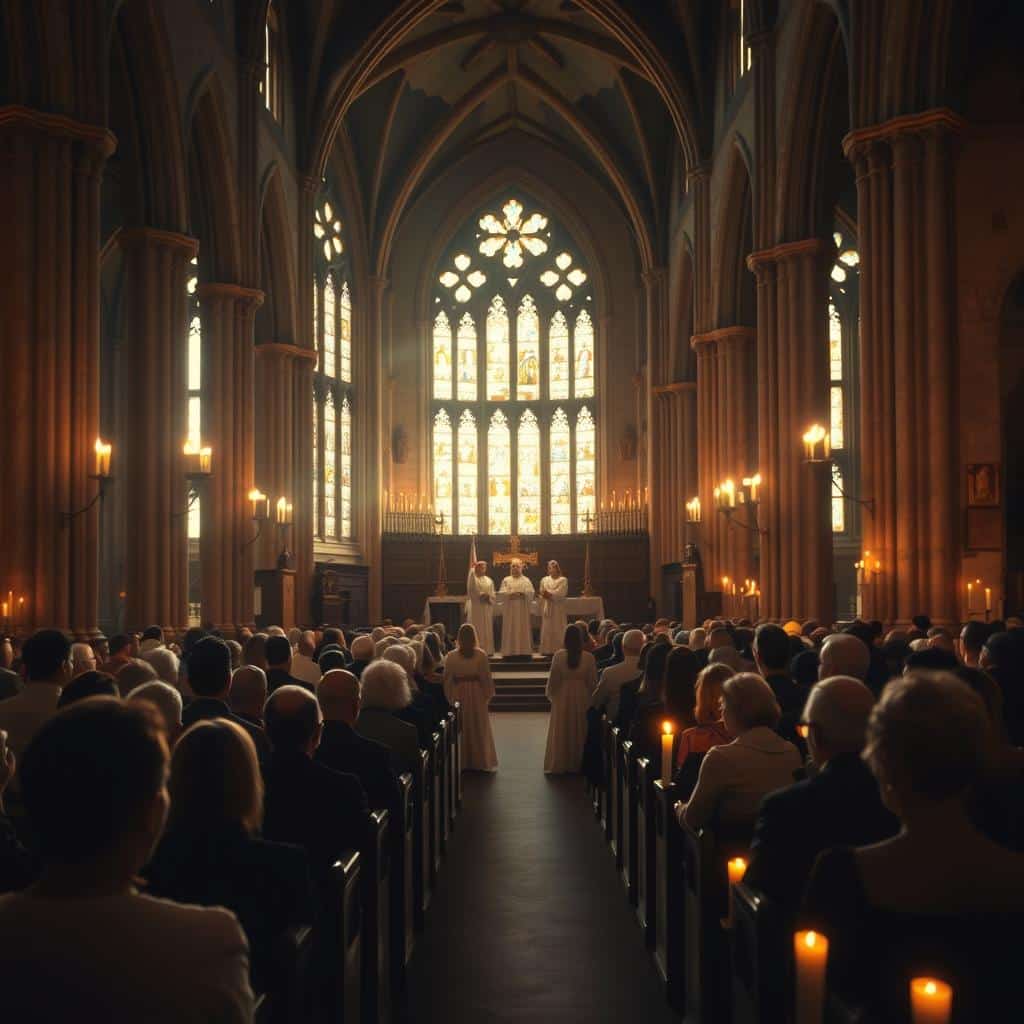 A serene, candlelit interior of a medieval cathedral, the pews filled with worshippers bathed in the warm glow of dawn. Stained glass windows cast a soft, ethereal light, illuminating the ornate architecture and the solemnity of the Mass at Dawn service. Choir members in flowing robes stand before the altar, their voices lifting in solemn chant. The atmosphere is one of reverence and contemplation, a sacred moment captured in time.
