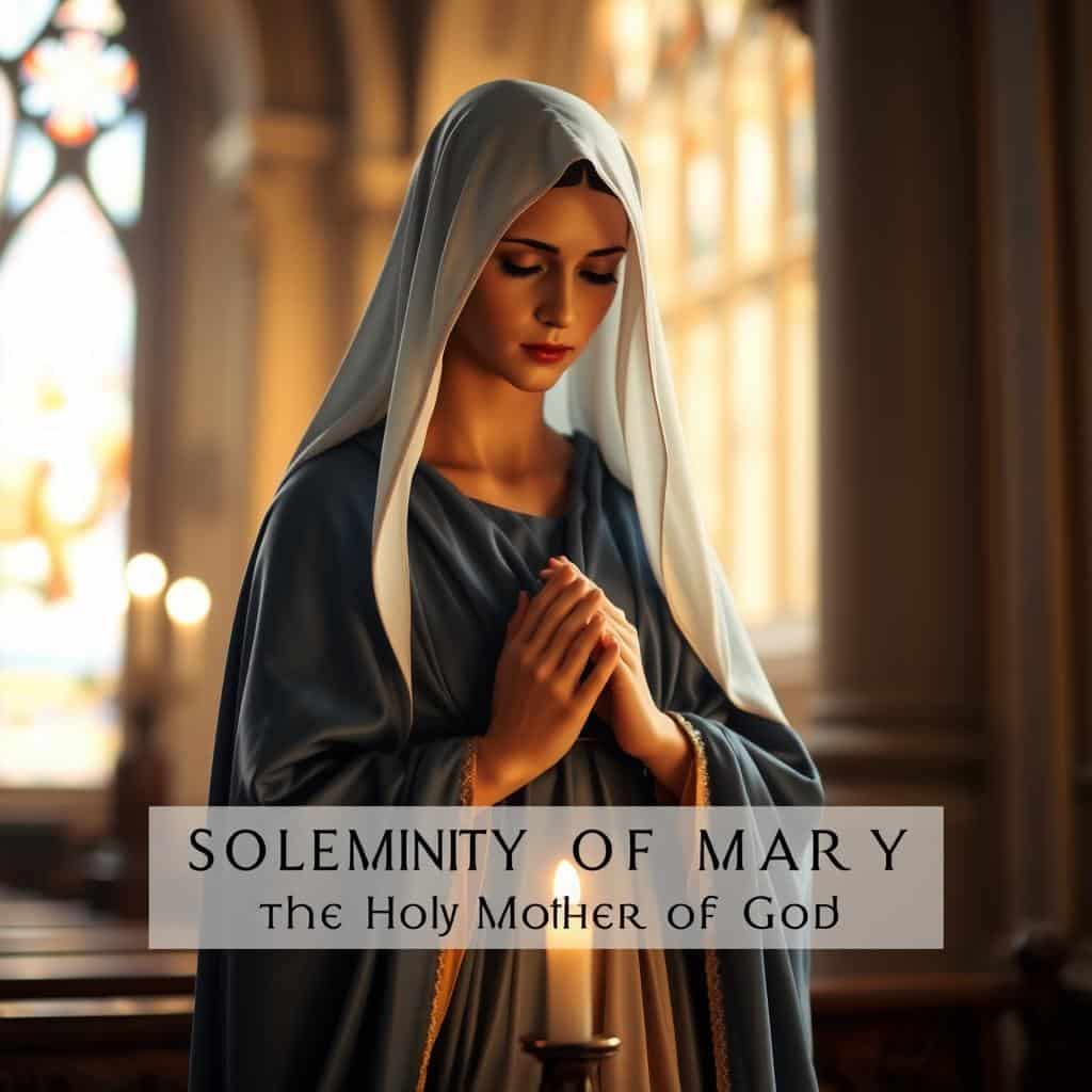 A serene, candlelit portrait of the Blessed Virgin Mary, adorned in a flowing blue mantle and white veil. She stands solemnly, her hands clasped in prayer, her gaze cast downwards with a contemplative expression. The scene is bathed in a warm, golden light, casting gentle shadows and highlighting the delicate features of her face. The background is a softly blurred church interior, with ornate architectural details and the faint glow of stained glass windows. The composition evokes a sense of reverence, devotion, and the solemn observance of the Solemnity of Mary, the Holy Mother of God.