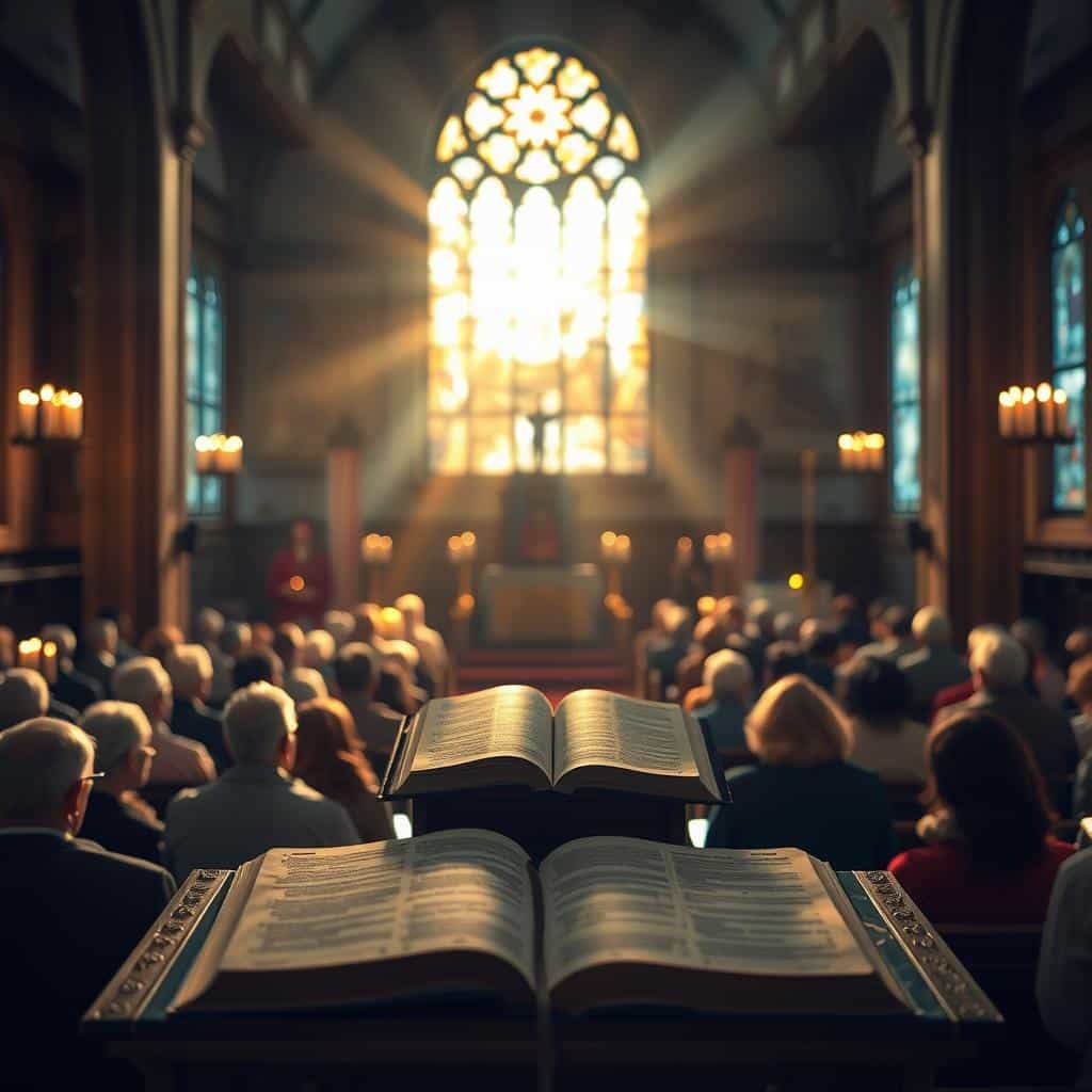 A serene, candlelit sanctuary on a winter's eve. Sunlight filtering through stained glass, casting warm hues across the pulpit and pews. An open Bible rests on the lectern, its pages illuminated, inviting contemplation. Worshippers gather, their faces aglow with reverence, as they prepare to receive the sacred Readings for the Second Sunday of Advent. The atmosphere is one of quiet anticipation, a moment of spiritual nourishment amidst the hustle of the season.