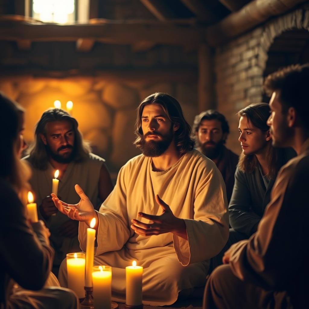 A serene, candlelit scene depicting Jesus teaching his disciples on prayer. In the foreground, Jesus sits with an expression of profound wisdom, his hands open in a gesture of guidance. The disciples, encircling him, listen intently, their faces alight with understanding. Soft, warm lighting bathes the scene, creating an intimate, contemplative atmosphere. In the background, a simple interior with wooden beams and stone walls hints at the humility of the setting. An air of reverence and deep spiritual connection permeates the image, inviting the viewer to meditate on Jesus' timeless teachings.
