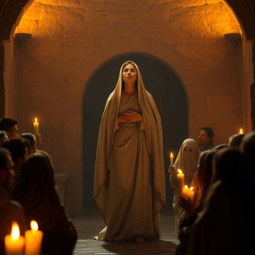 A serene, candlelit scene of Mary in the early Christian church, surrounded by a small congregation. She stands at the center, serenely gazing upwards, her robes and veil flowing gracefully. Warm, golden light illuminates the scene, casting a soft, reverent glow. The background features simple stone walls and arched doorways, hinting at the ancient, sacred space. The mood is one of devotion, contemplation, and the gentle presence of the Mother of God among her faithful followers in the formative years of the Christian faith.