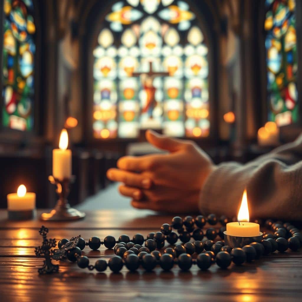 A serene, candlelit scene of a rosary prayer. In the foreground, a delicately crafted rosary with intricate beads and a crucifix rests on a wooden table, the soft glow of flickering flames casting a warm, meditative light. In the middle ground, the hands of a devout worshipper, fingers gently caressing the rosary, lost in contemplation. The background features a dimly lit, ornate chapel interior, with stained glass windows casting a kaleidoscope of colors, evoking the timeless tradition and spiritual significance of this powerful prayer.