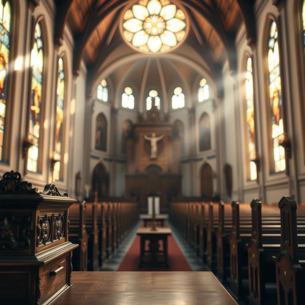A serene church interior, soft natural light filtering through stained glass windows, casting a warm, contemplative glow. In the foreground, an ornate wooden altar, its surface adorned with intricate carvings and a simple cross. Rows of pews, their polished wood gleaming, invite the faithful to gather and reflect. The middle ground features a grand, vaulted ceiling, its arches leading the eye upward towards the heavens. The background reveals a tranquil, otherworldly atmosphere, hinting at the sacred mysteries celebrated within this sacred space on the Twenty-ninth Sunday in Ordinary Time, Cycle C.