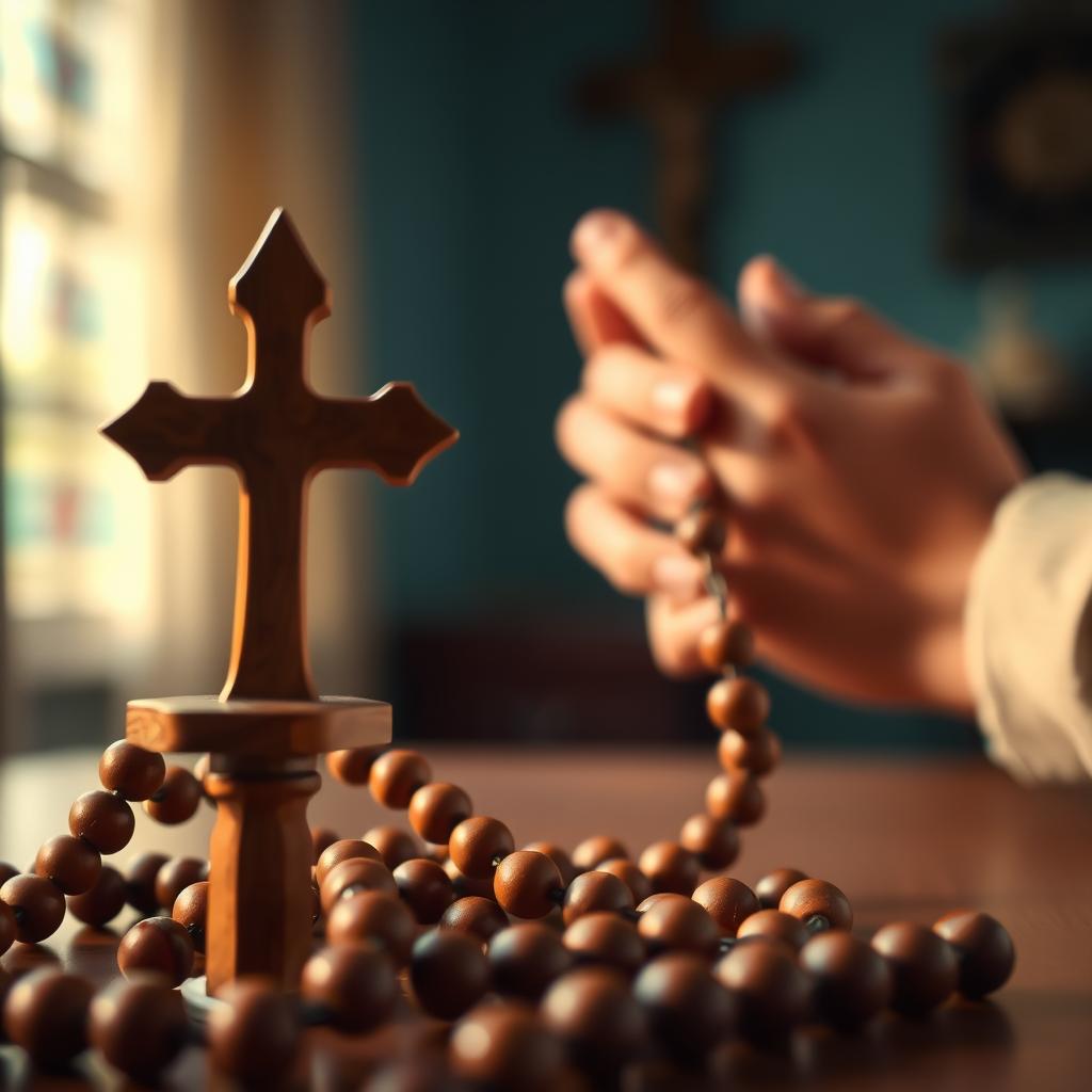 A serene close-up of rosary beads in the foreground, the wooden crucifix and smooth polished beads catching the warm, diffuse lighting. In the middle ground, the hands of a person holding the rosary, fingers delicately intertwined between the beads, as if in deep, contemplative prayer. The background softly blurred, hinting at a tranquil, peaceful setting, perhaps a chapel or a quiet corner of a home. The overall atmosphere is one of reverence, devotion, and a sense of personal spiritual connection.