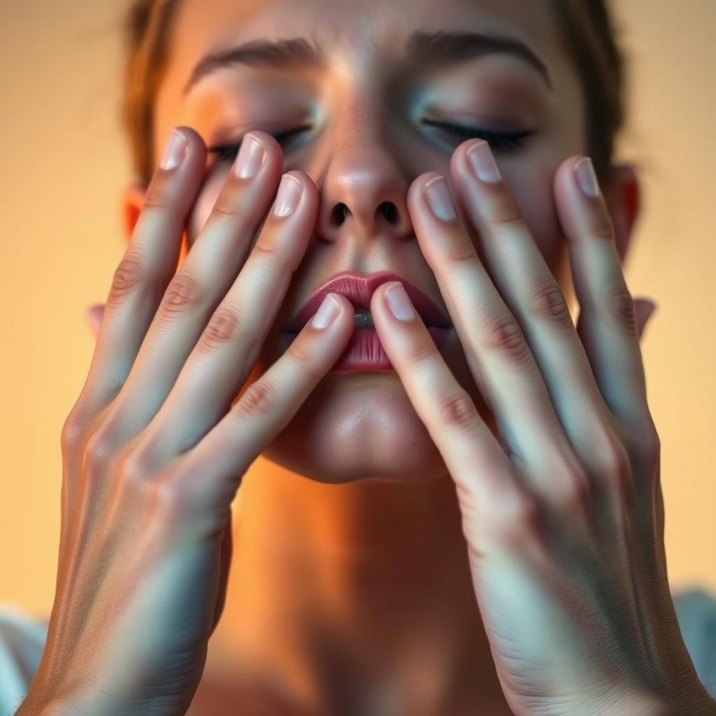 A serene, close-up view of an individual's hands gently cupping their nose and mouth, illustrating the "4-7-8" breathing technique. The fingers gracefully frame the face, emphasizing the focus and control required for this calming exercise. The lighting is soft and warm, creating a tranquil, meditative atmosphere. The background is slightly blurred, keeping the attention on the hands and face. The model's expression is peaceful, eyes closed, showcasing the restorative and grounding effects of this simple yet powerful breathing method.