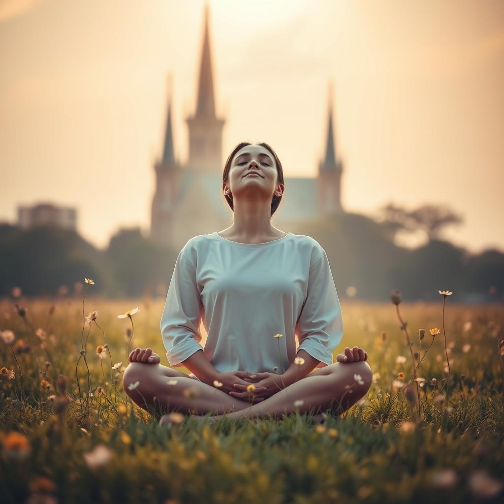 A serene, contemplative figure sits cross-legged, eyes closed, in a tranquil meadow bathed in soft, golden light. Surrounding them, delicate wildflowers sway gently in a light breeze, creating a sense of peaceful harmony. In the distance, a towering cathedral stands, its steeples piercing the sky, symbolizing the divine presence and the invitation to spiritual growth. The composition evokes a sense of introspection, connection to the natural world, and the individual's journey towards inner enlightenment.