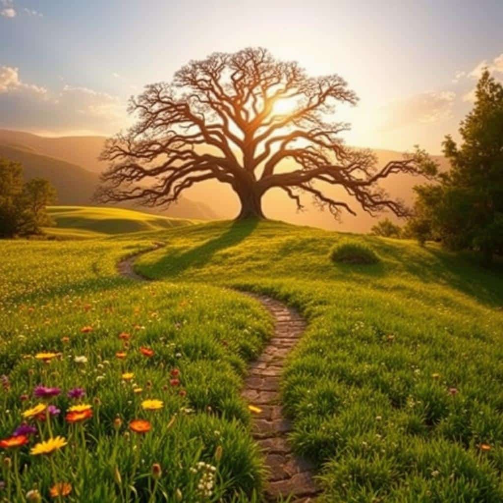 A serene, contemplative landscape bathed in warm, golden light. In the foreground, a lush, verdant meadow adorned with vibrant wildflowers, symbolizing spiritual renewal and growth. In the middle ground, a winding path leads towards a majestic, ancient tree with sprawling branches, representing the journey of personal transformation. Behind the tree, a gently rolling hill is silhouetted against a breathtaking, ethereal sky, evoking a sense of transcendence and divine connection. The entire scene exudes a sense of peace, harmony, and the profound inner growth that comes from connecting with one's spiritual essence.