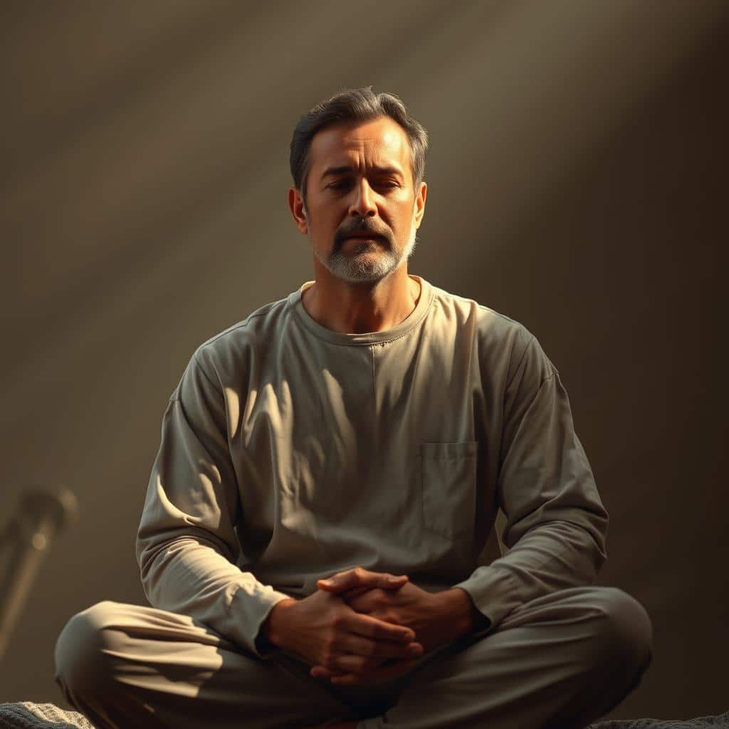 A serene, contemplative man sits cross-legged, his gaze fixed inwardly. His face exudes a sense of wisdom and tranquility, as if he is in deep meditation. Soft, warm lighting bathes him, casting gentle shadows that accentuate the contours of his features. The background is hazy, with muted colors and a sense of timelessness, allowing the viewer to focus solely on the man's introspective presence. This is a portrait of a "son man," embodying the spiritual wakefulness and preparedness called for in the Gospel passage.